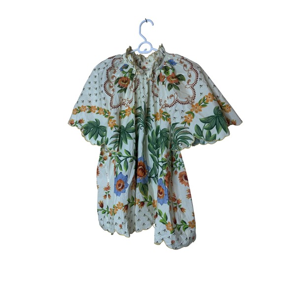 FARM Rio Tops - Farm Rio Blouse Womens XL White Floral High Neck Flutter Sleeve Anthropologie